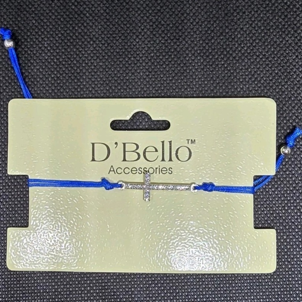 D'Bello Blue Cord Adjustable Slide Bracelet w/ Silver Tone Cross Dangle Charm